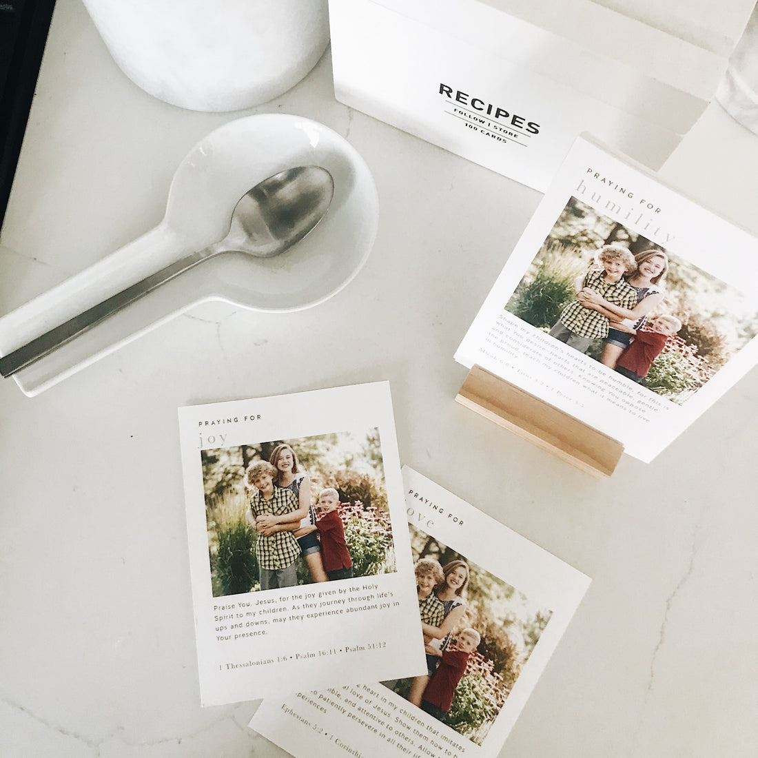 Backgate Prayers Devotional Prayer Card Set in the kitchen as a reminder to pray everyday.