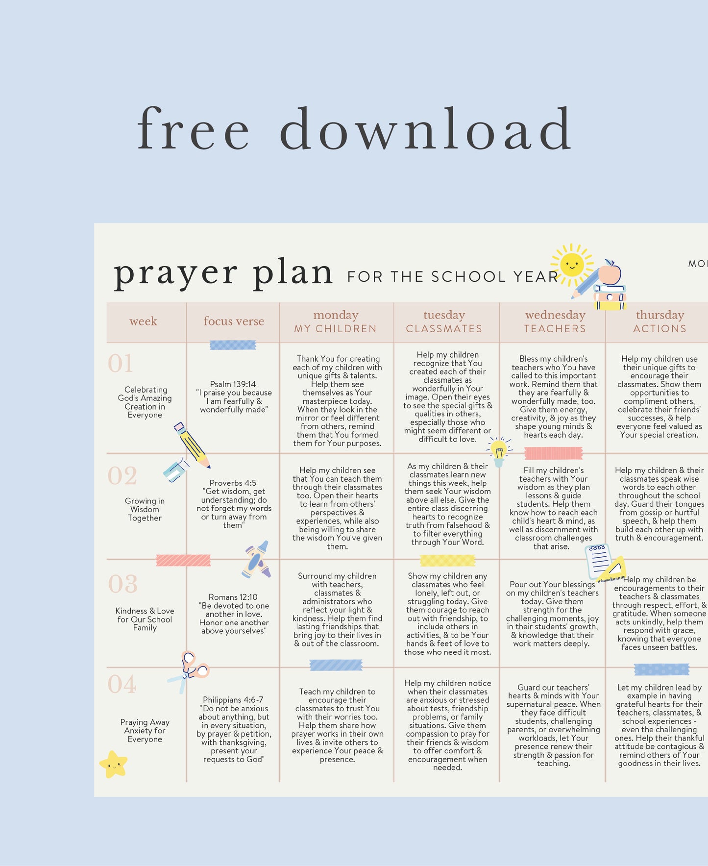FREE Back to School Prayer Calendar Printable