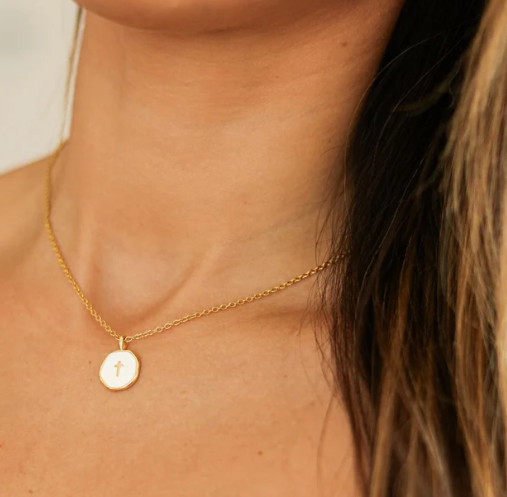 Beautiful, simple, dainty, gold plated christian cross necklace with a cross pendant and gold chain perfect gift for moms or daughters.