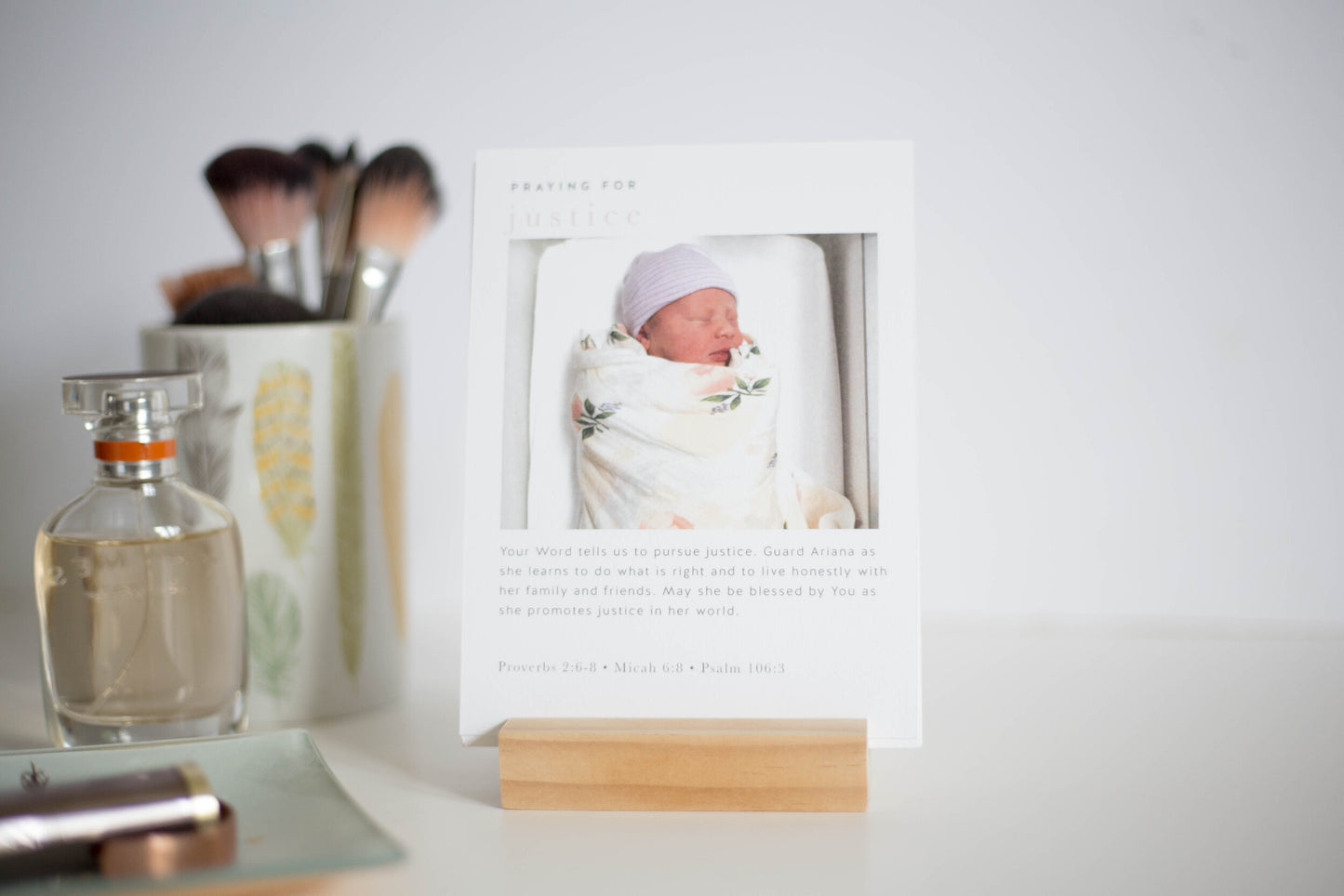 A personalized prayer on a card in a wooden display stand handmade to place in your home decor to serve as a reminder to pray for your daughter to the Lord God which is a great baptism gift or mother's day gift for a new mom