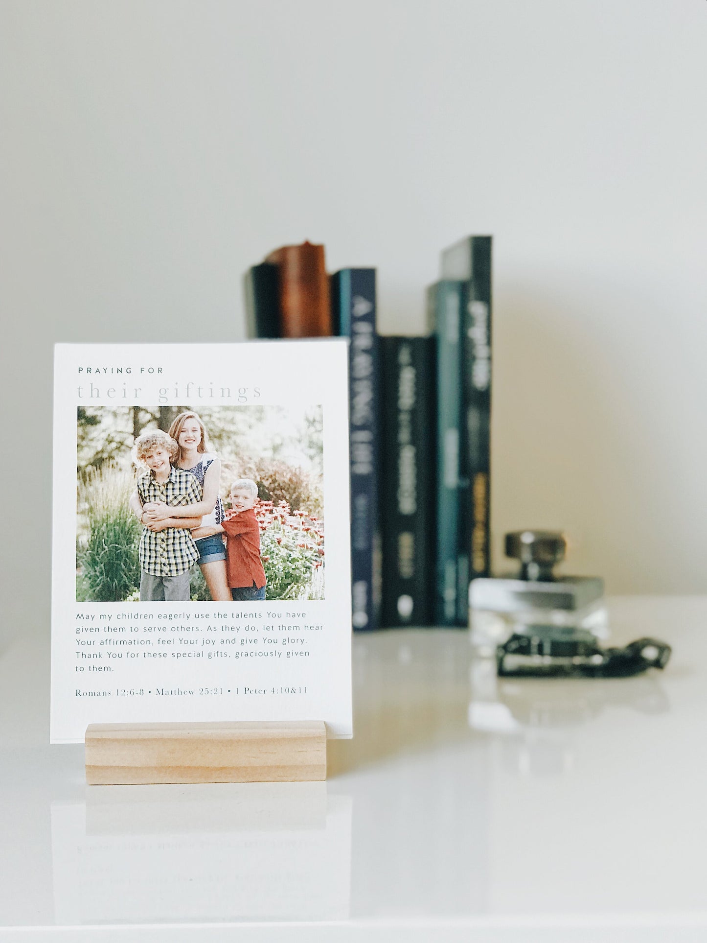 Scripture-based prayer cards for parents to pray for their children and can be displayed in your home as a reminder to pray every day, personalized with a smiling photo of your children.