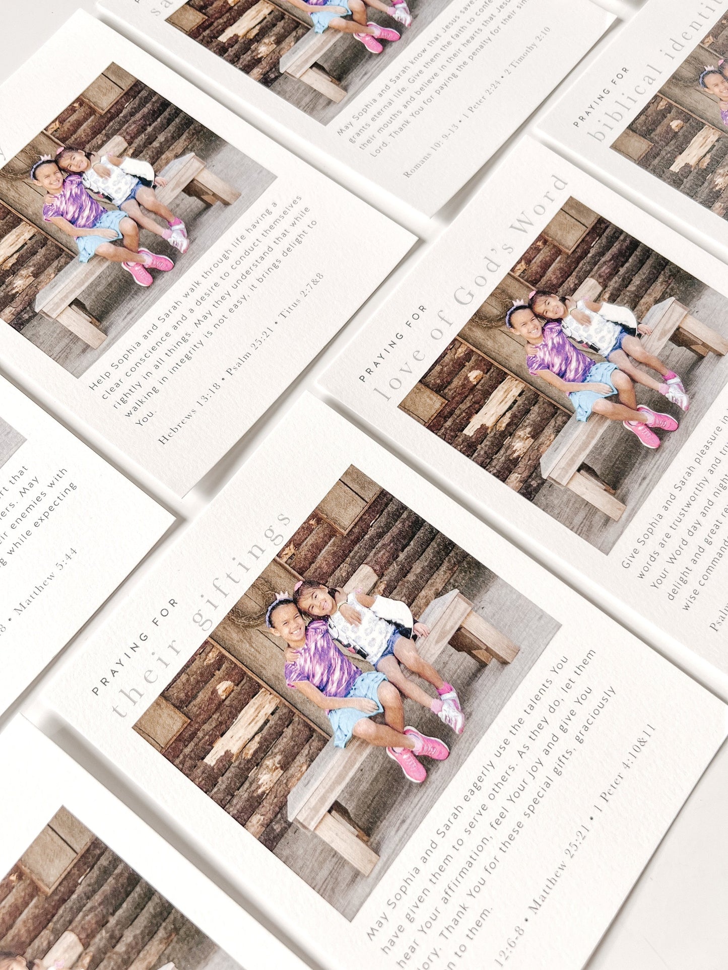 A set of 20 biblically-based prayer cards for parents to pray for their children with prayers that include biblical identity, love of God's Word, giftings and salvation, personalized with a sweet photo of your loved ones.
