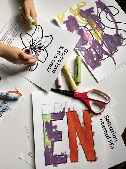 Children's art project for Christian Easter, available for instant download, do this DIY craft at home or in school to learn about Jesus, color, cut and hang to beautify your home for Spring