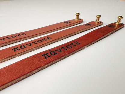 Handcrafted with American Saddle leather and made by hand, this leather bracelet with brass closure is to remind men and women to pray always.