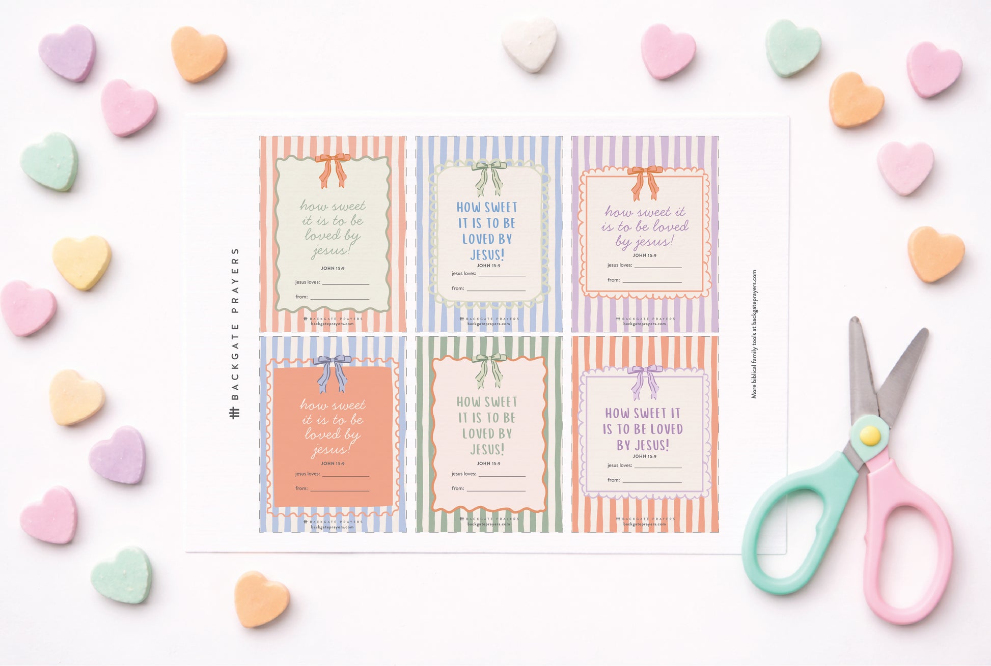 Cute, free coquette striped cut out printable download Christian Valentine card for kids to spread the love of Jesus at school with classmates, teachers and friends.