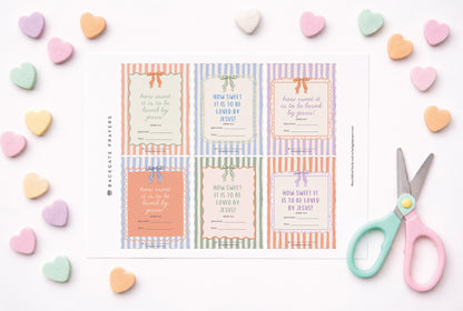 Cute, free coquette striped cut out printable download Christian Valentine card for kids to spread the love of Jesus at school with classmates, teachers and friends.