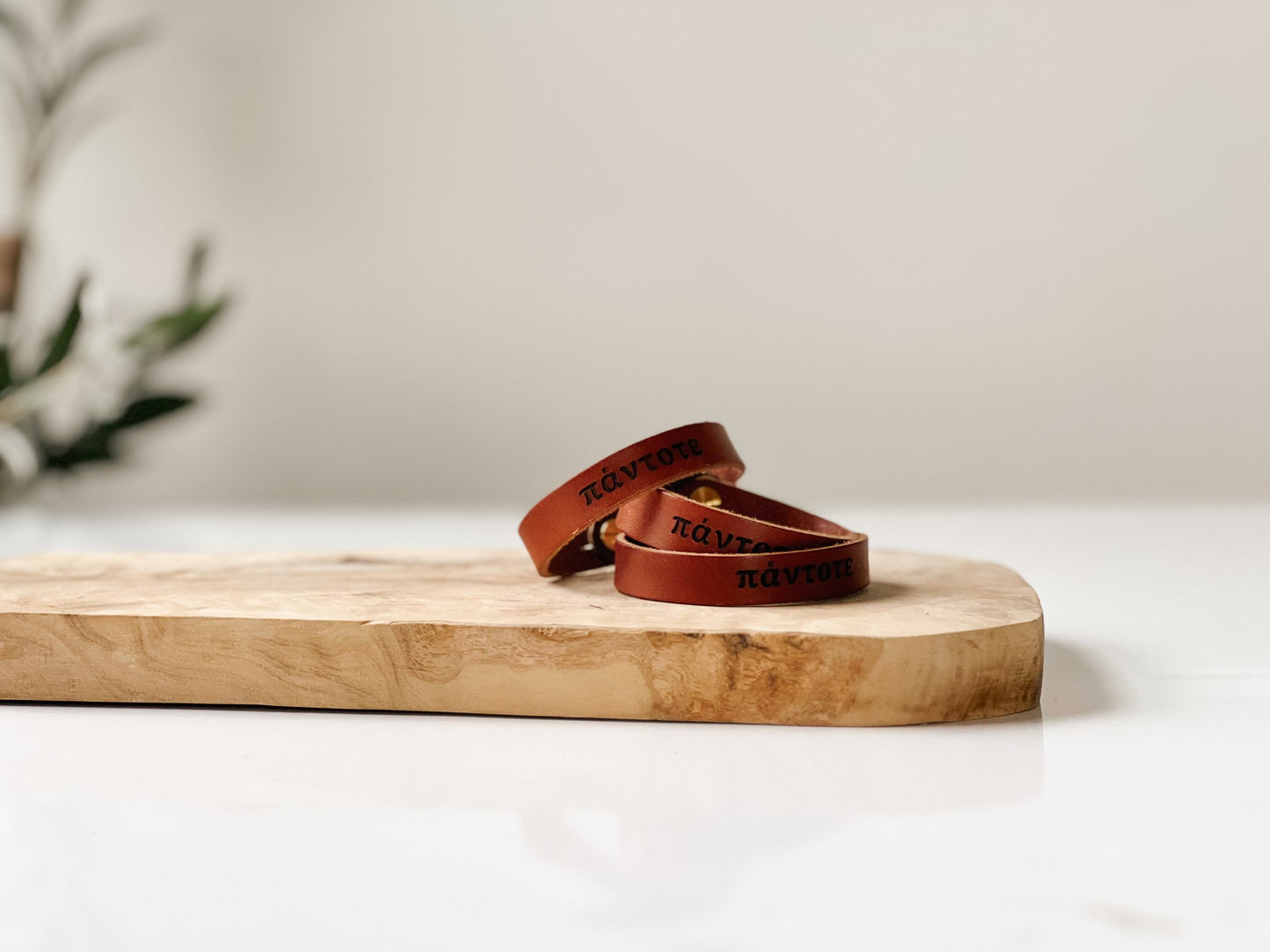 Biblical Handmade Leather 'Always' Bracelet in the USA with American saddle leather with a metal clasp to wear on your wrist as a reminder for Christians to pray always at all times based on Greek word from the Bible 