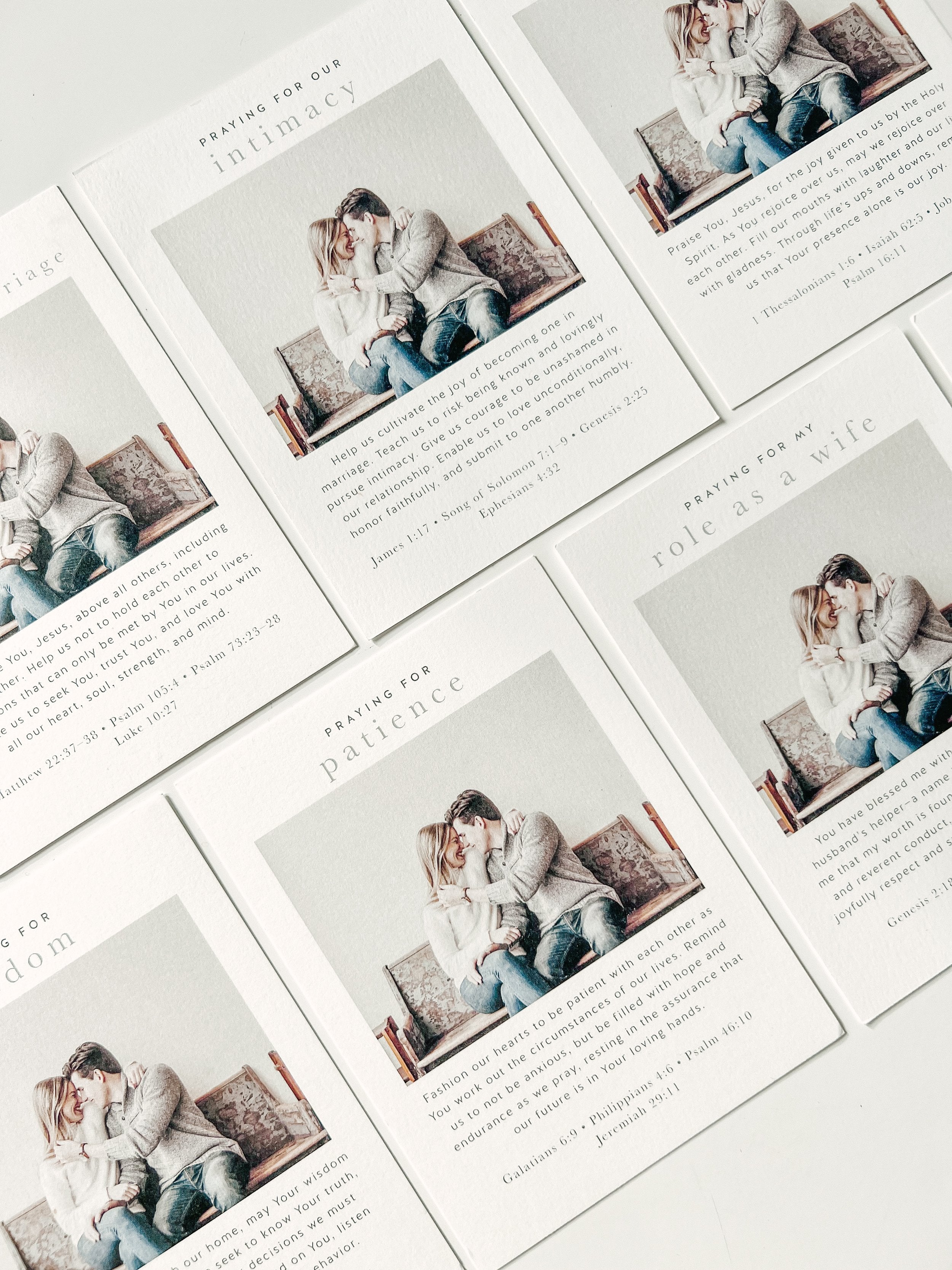 A set of 20 biblically-based prayer cards with prayers that include patience, role as husband and wife, wisdom, intimacy for a christ-centered marriage, personalized with a wedding or engagement photo for married, Christian couples to pray together for their marriage perfect as a unique, christian church wedding gift.