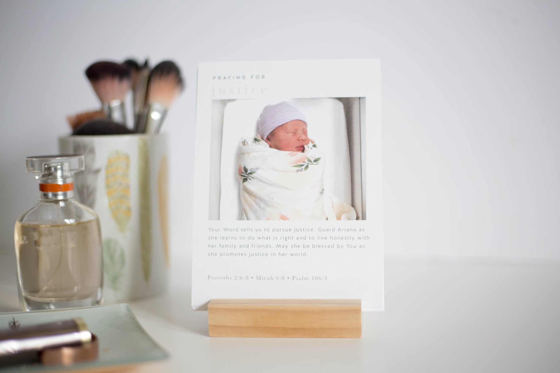 A personalized prayer on a card in a wooden display stand handmade to place in your home decor to serve as a reminder to pray for your daughter to the Lord God which is a great baptism gift or mother's day gift for a new mom