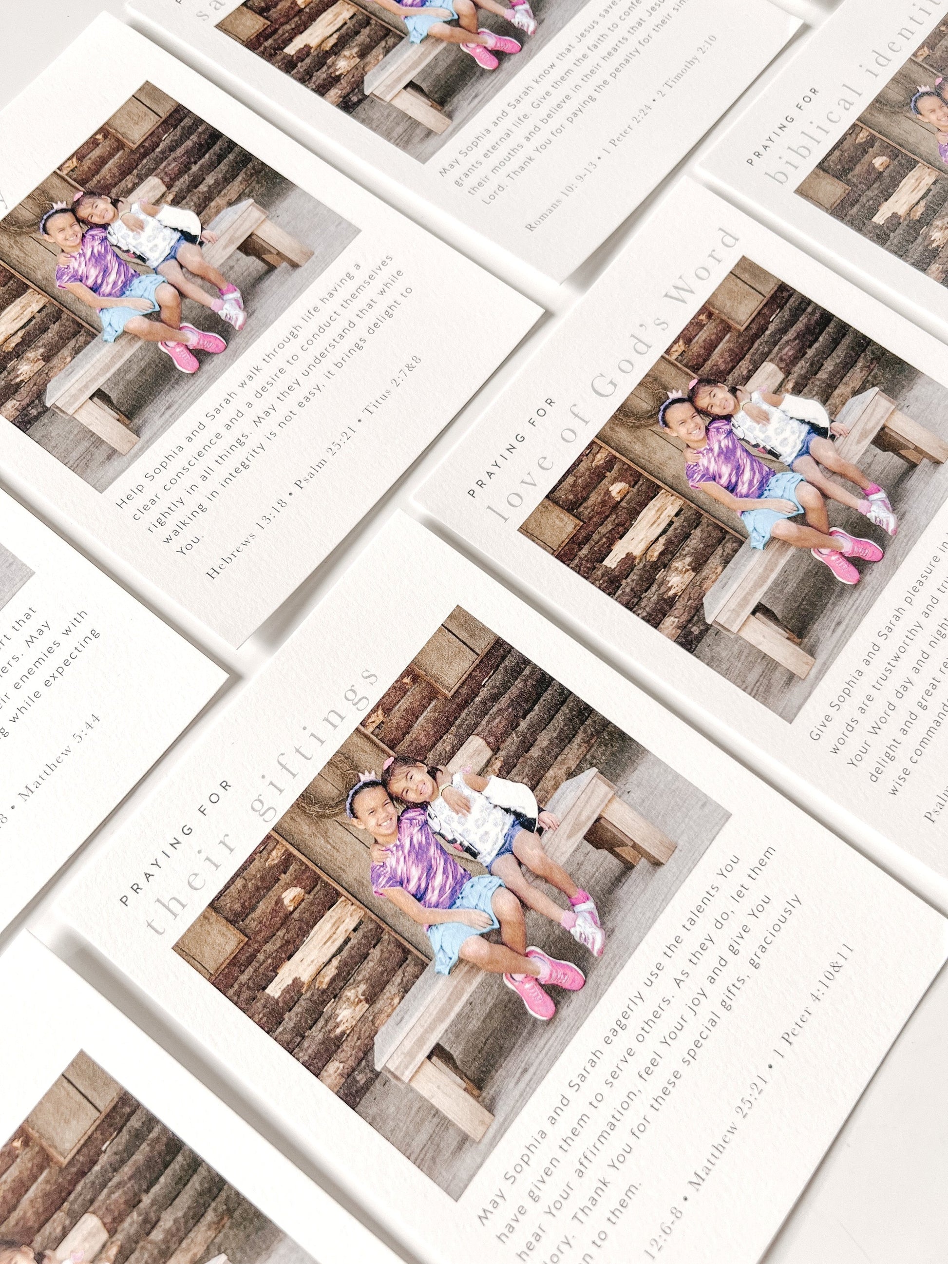 A set of 20 biblically-based prayer cards for parents to pray for their children with prayers that include biblical identity, love of God's Word, giftings and salvation, personalized with a sweet photo of your loved ones.