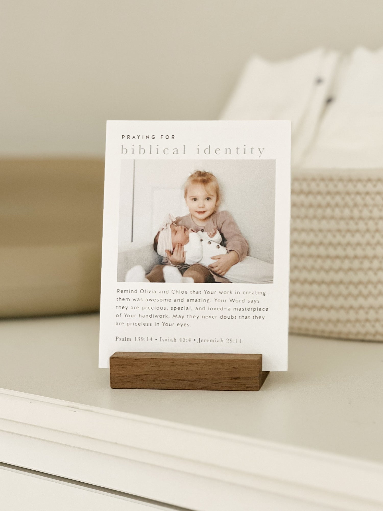 Handcrafted prayer card set for parents to pray for their kids customized with a photos and children's names–all prayers are based on the biblical christian scriptures.