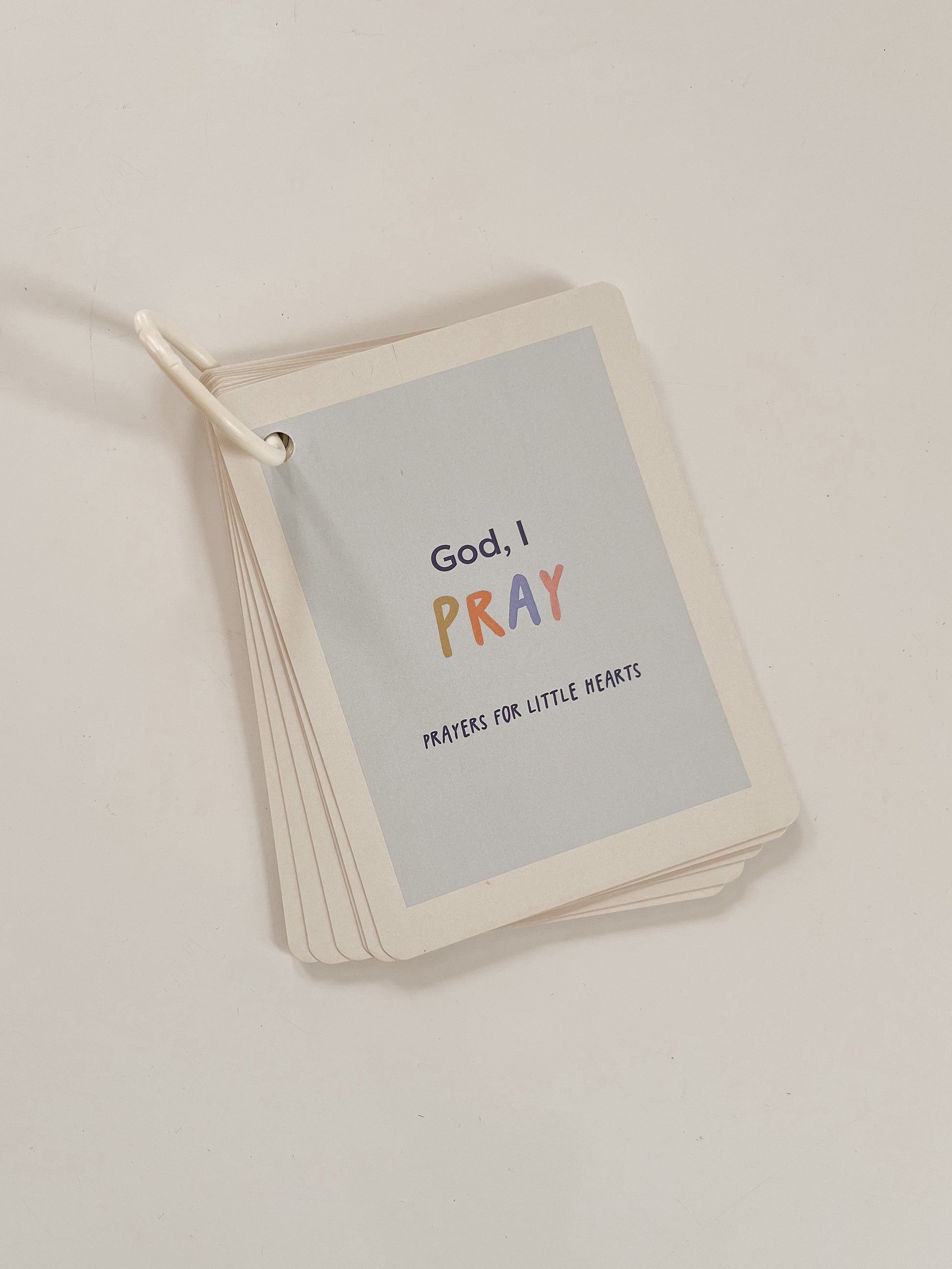 Biblically based scripture prayer flash cards for kids to learn Bible verses and simple prayers on a plastic ring for easy flipping