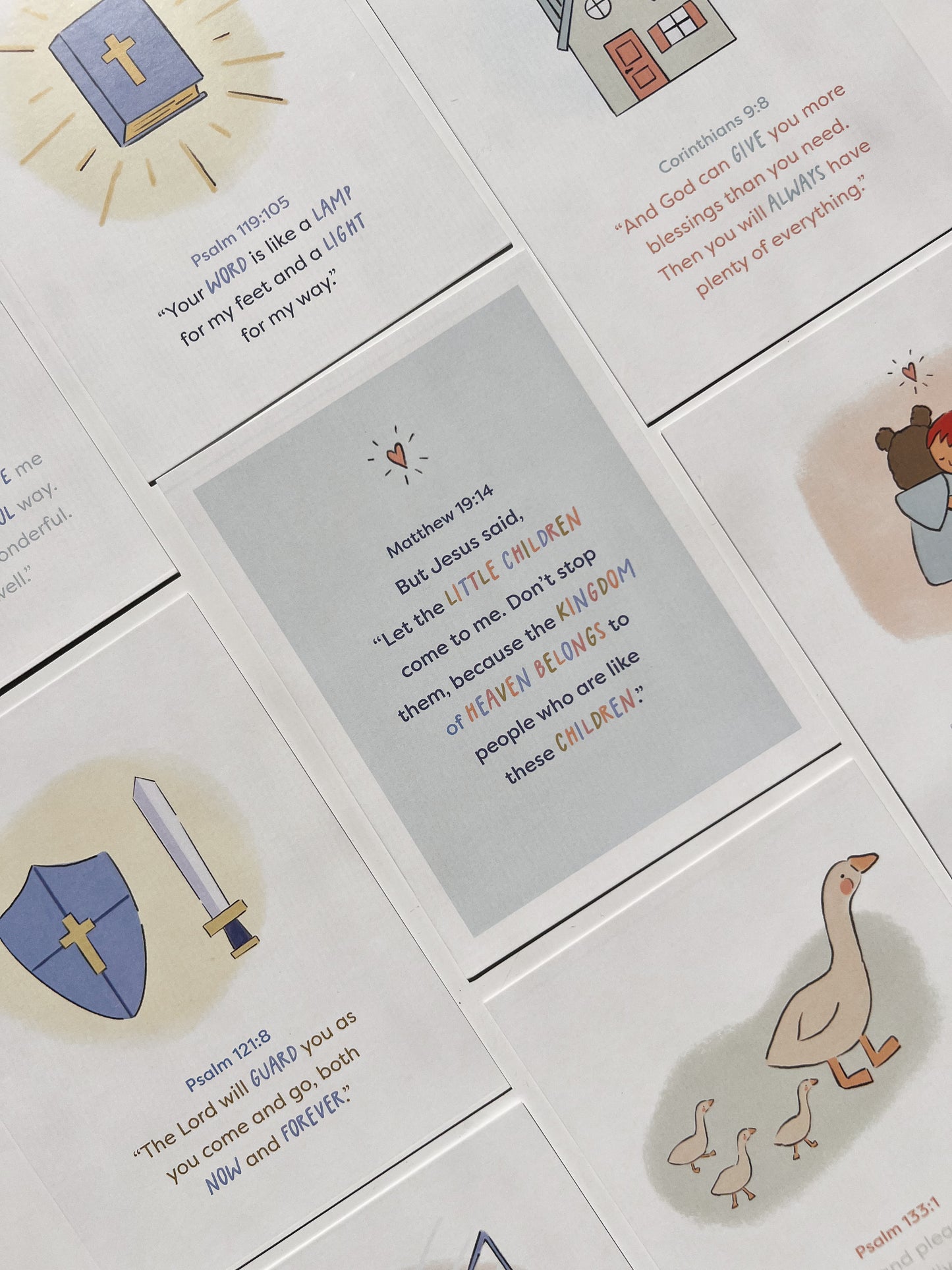 Cute christian illustrations help kids visualize scripture themes and ideas as they learn to memorize and recite Bible verses