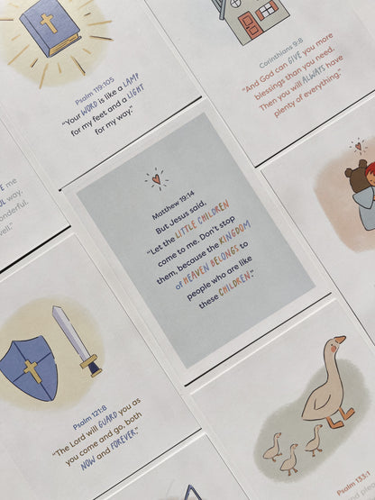 Cute christian illustrations help kids visualize scripture themes and ideas as they learn to memorize and recite Bible verses